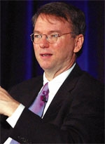 CEO Eric Schmidt speaks at Google's California headquarters (below).